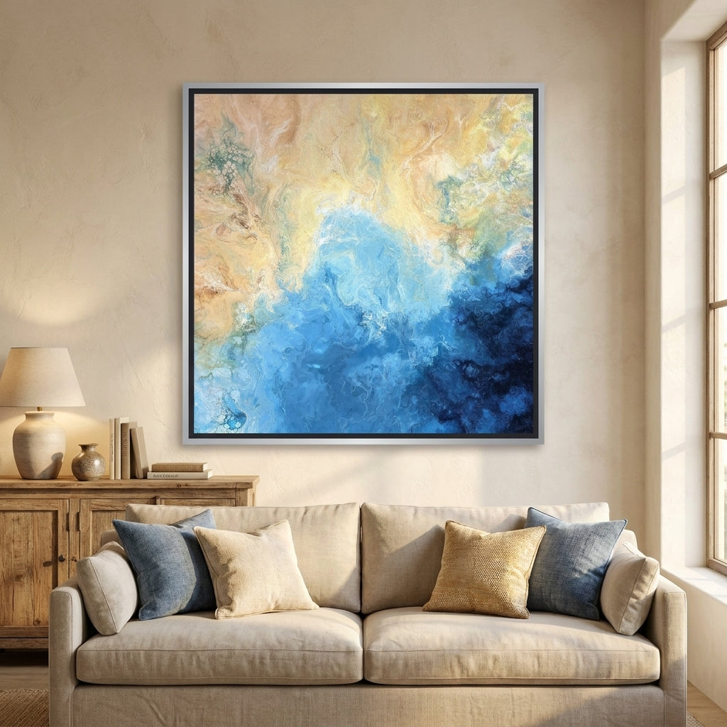 Canvas wall art with a silver leaf surround styled in a neutral living room