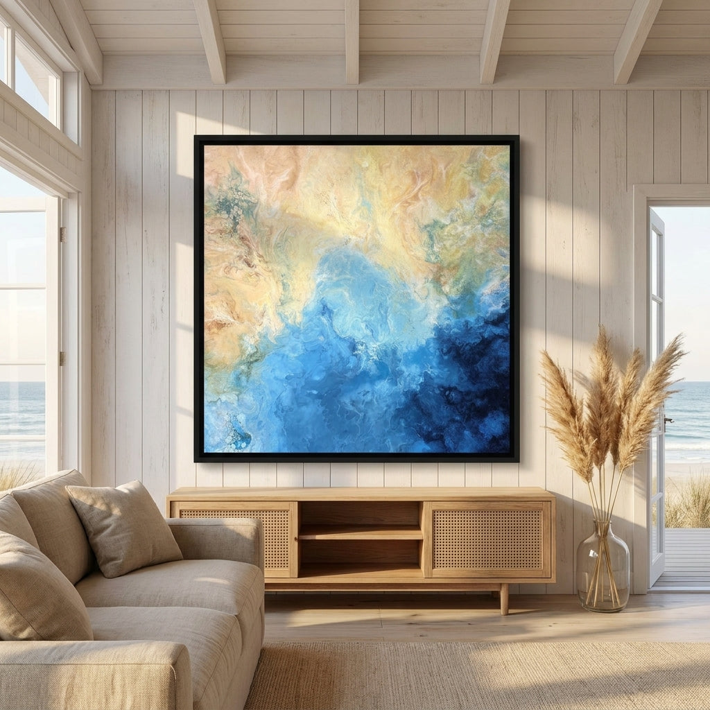 Oversized statement canvas wall art with a black surround styled in a sunny coastal beach house