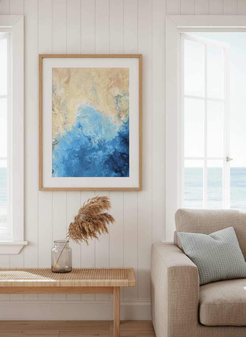 Neutral wall art displayed in a sunny coastal beach house