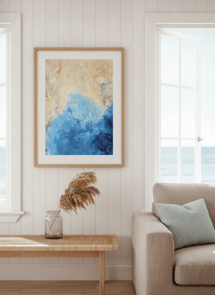 Neutral wall art displayed in a sunny coastal beach house