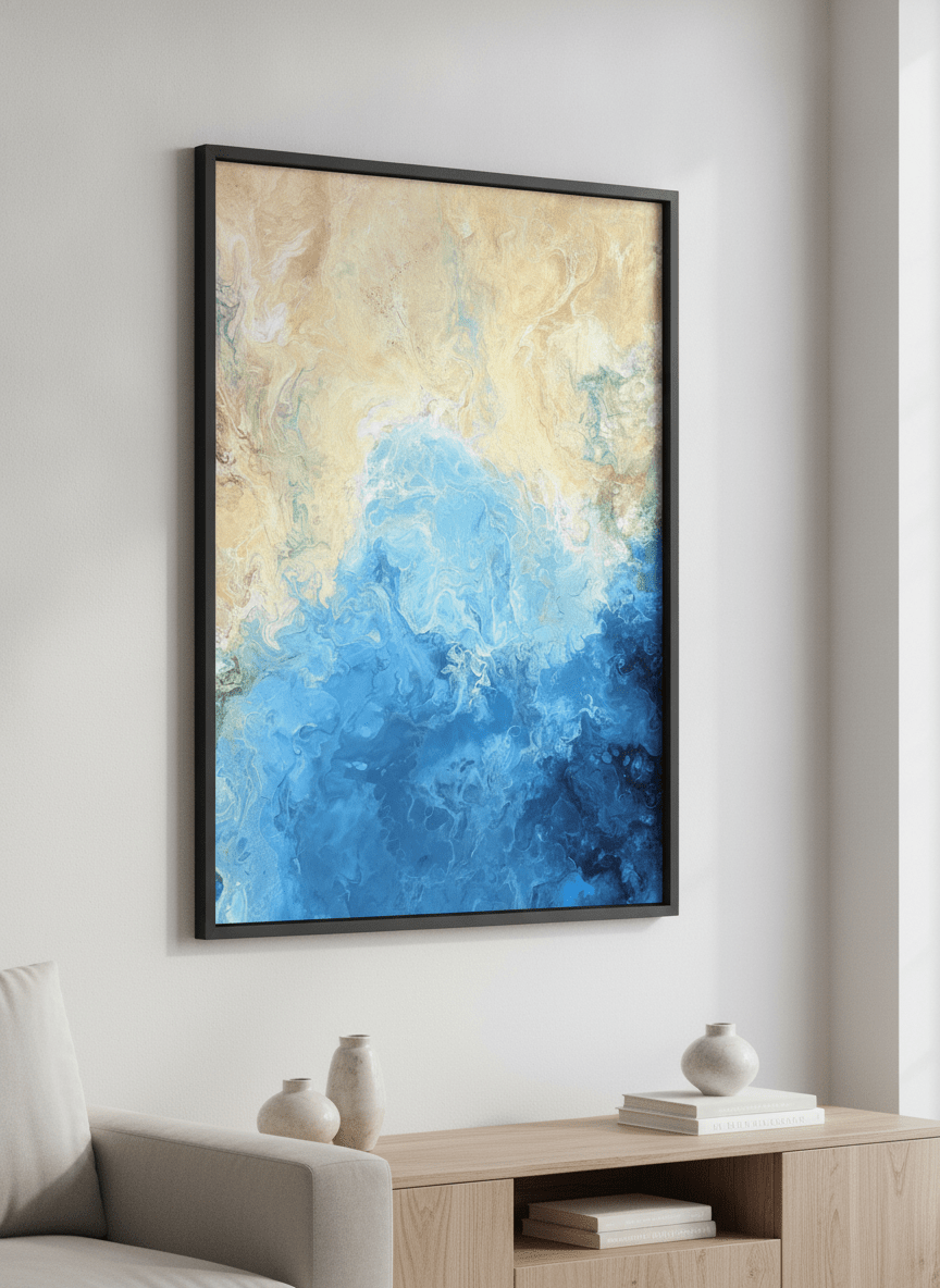 Modern wall art styled above a sofa in a neutral living room