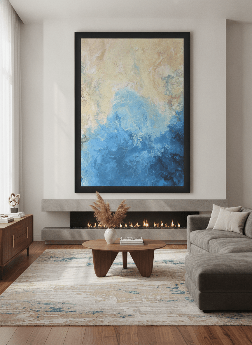 Monumental artwork centred on a feature wall in a luxe interior