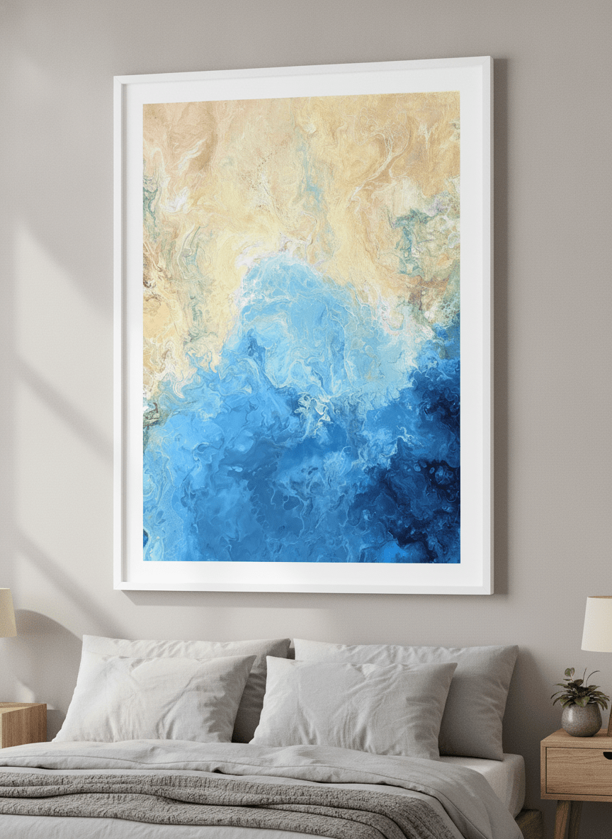 Minimalist artwork displayed in a calm, light-filled bedroom interior
