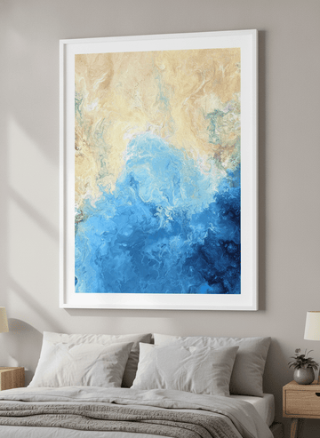 Minimalist artwork displayed in a calm, light-filled bedroom interior