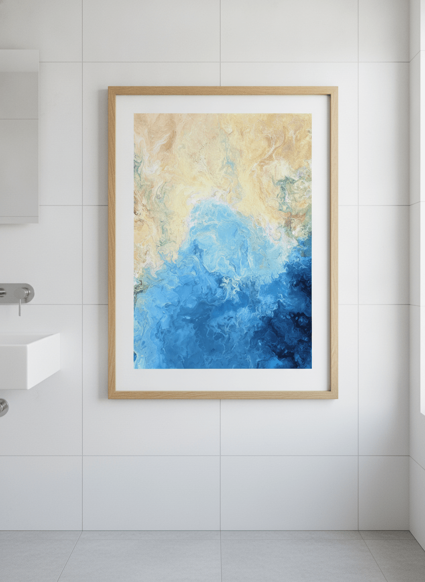 Modern print displayed in a clean minimalist bathroom setting