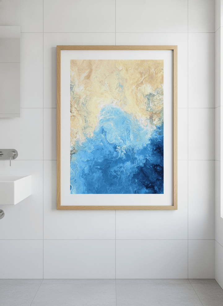 Modern print displayed in a clean minimalist bathroom setting