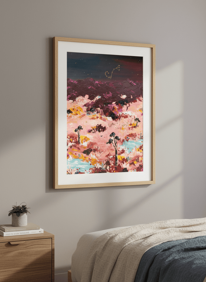 Minimalist artwork displayed in a calm, light-filled bedroom interior
