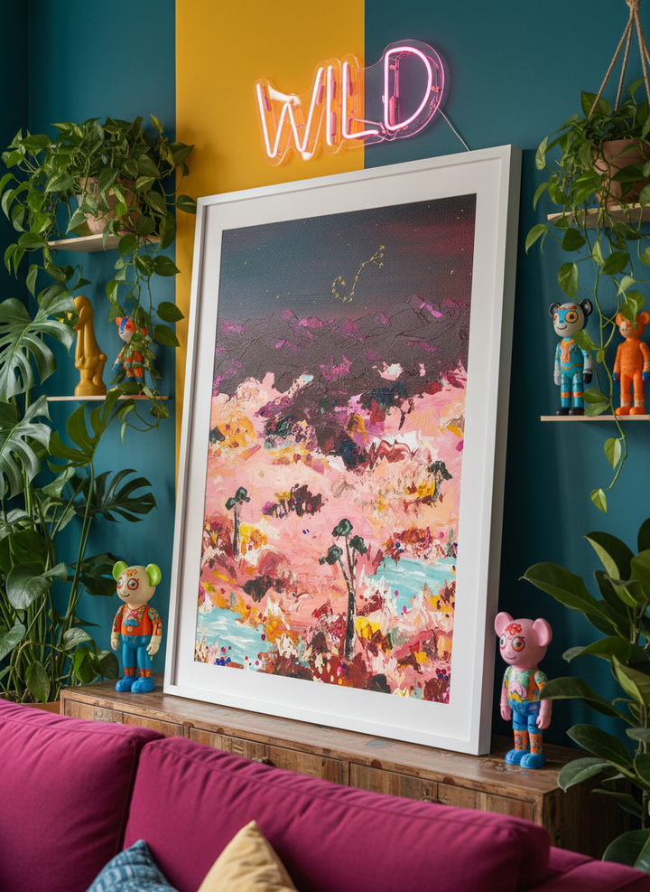 Bold wall art styled in a colourful, eclectic modern home