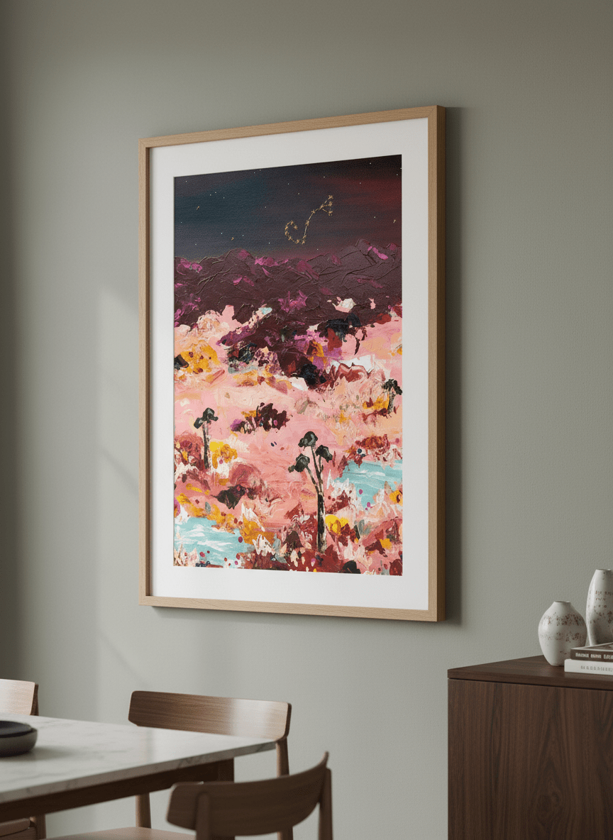 Wall art styled above a dining table in a contemporary home