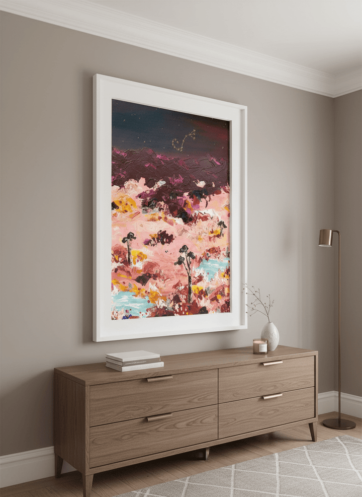 Monumental artwork centred on a feature wall in a luxe interior