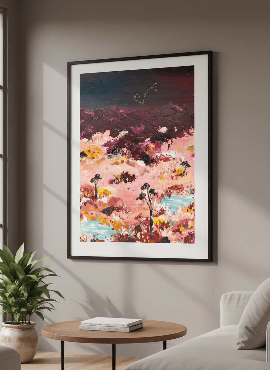 Modern wall art styled above a sofa in a neutral living room