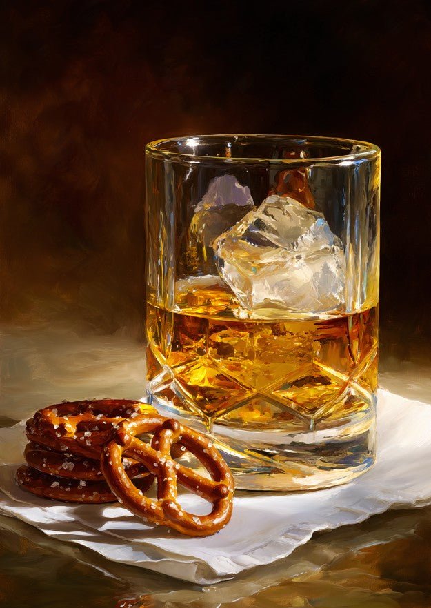 Scotch and Pretzels Oil Painting Illustration frame