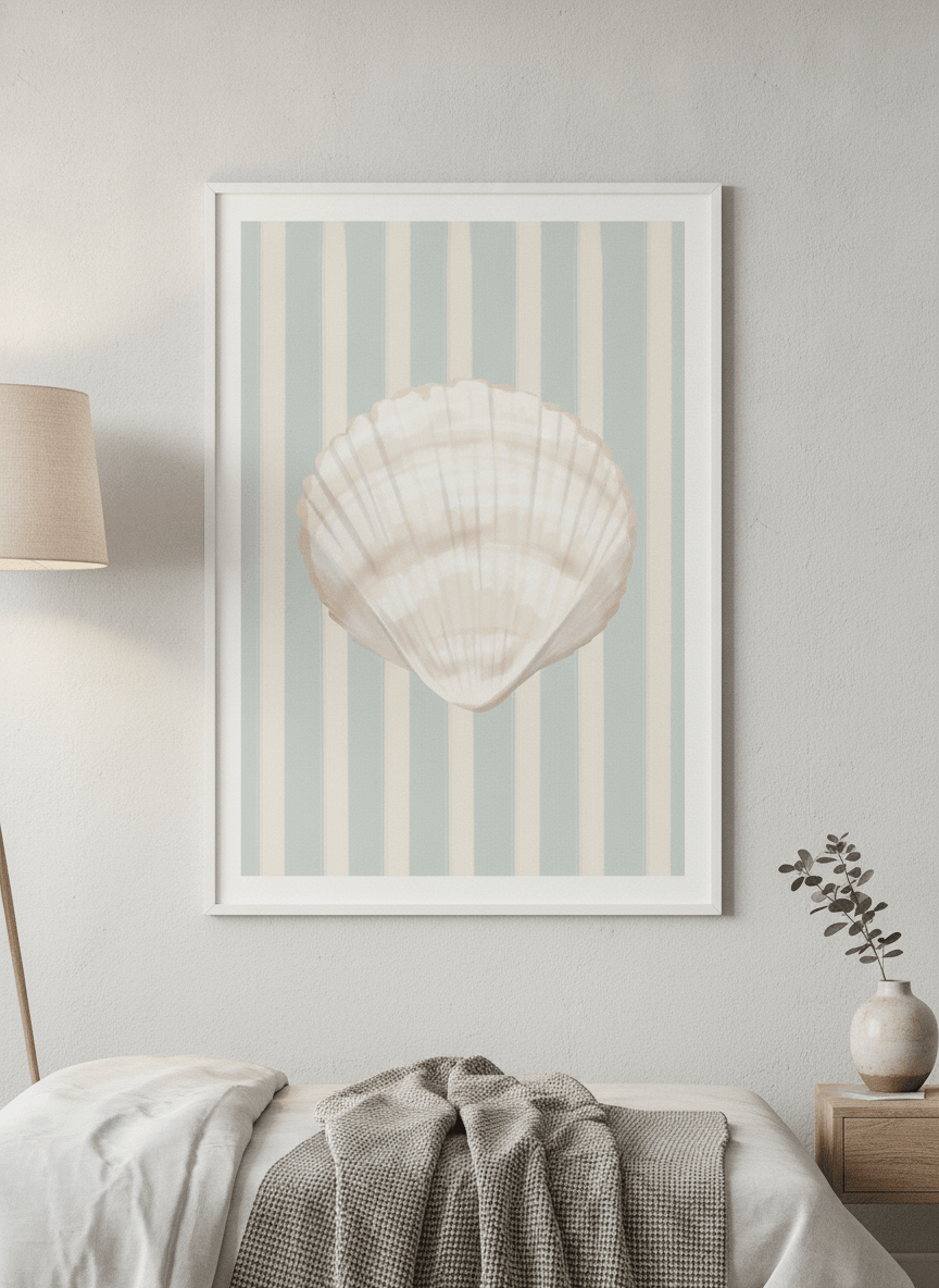 Minimalist artwork displayed in a calm, light-filled bedroom interior