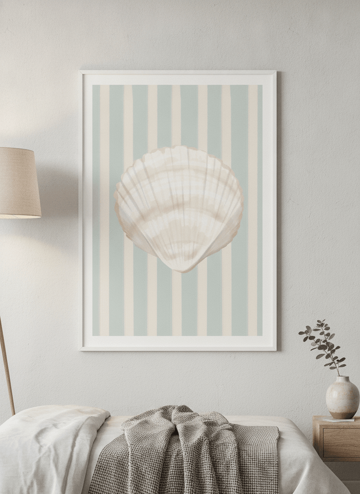 Minimalist artwork displayed in a calm, light-filled bedroom interior