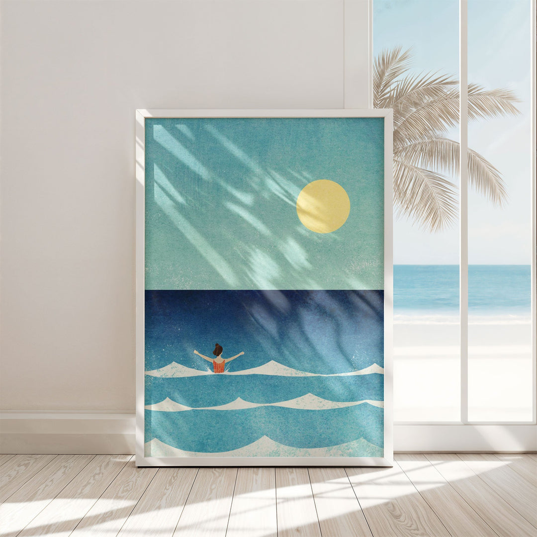 artwork of a person in the ocean with a palm tree and blue sky.