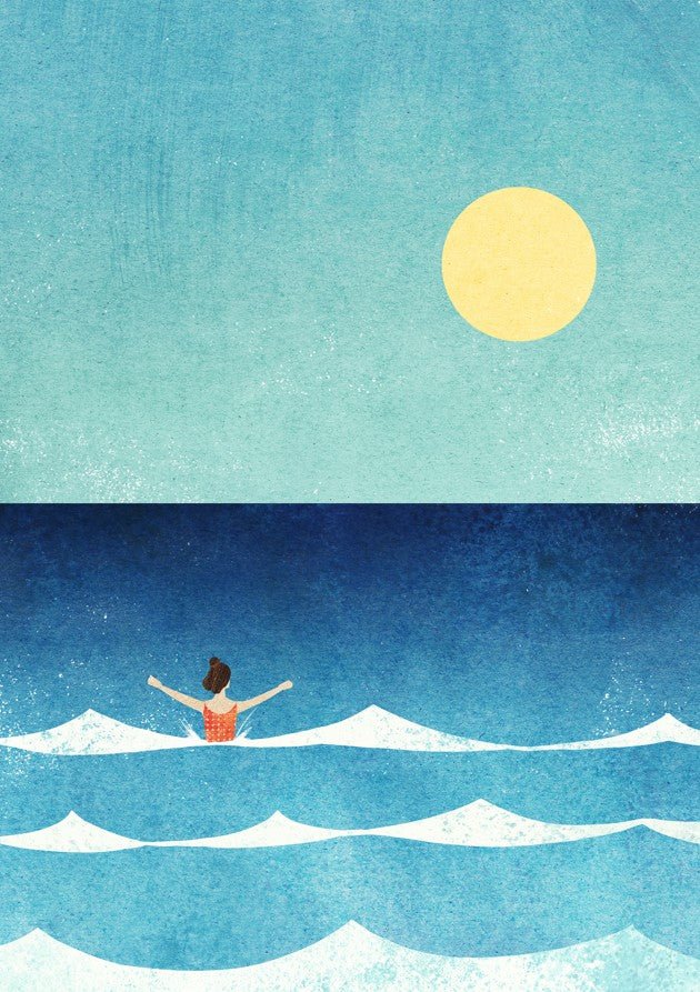 Illustration of a person sitting on a wave with a large yellow sun in the sky. framed