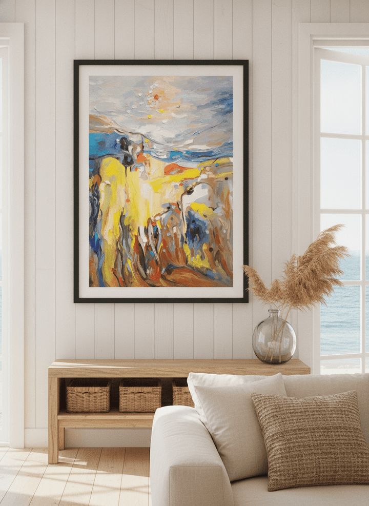 Neutral wall art displayed in a sunny coastal beach house