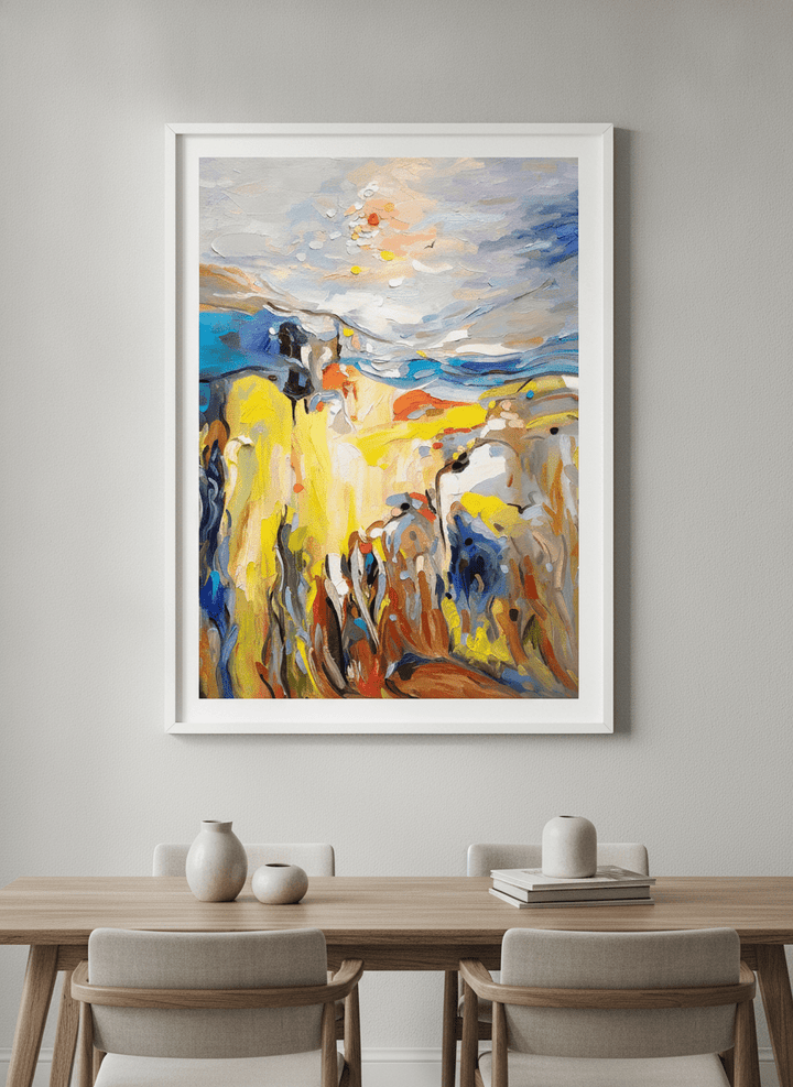 Wall art styled above a dining table in a contemporary home