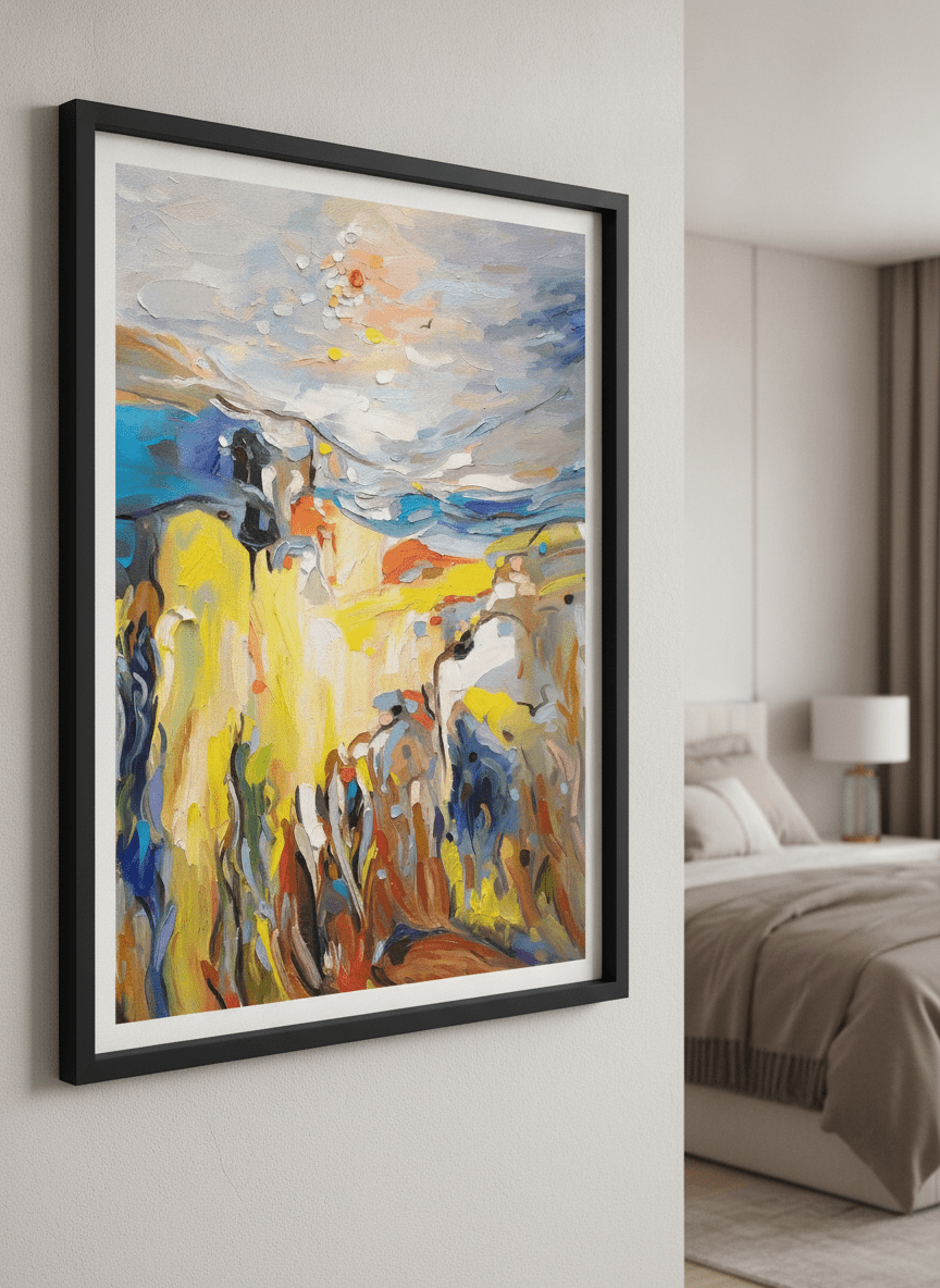 Minimalist artwork displayed in a calm, light-filled bedroom interior