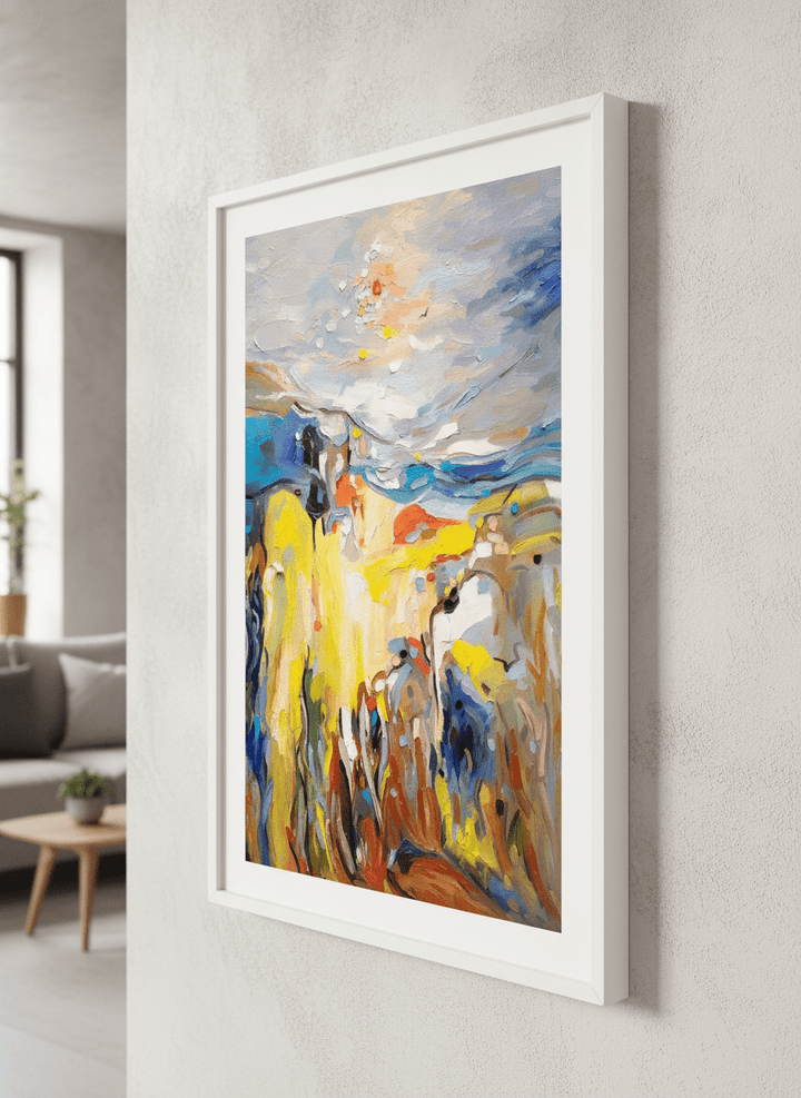 Modern wall art styled above a sofa in a neutral living room
