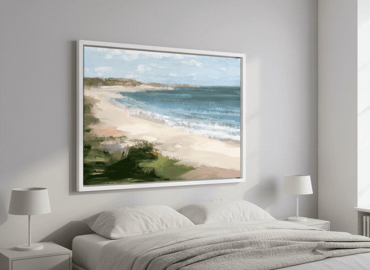 Minimalist artwork displayed in a calm, light-filled bedroom interior