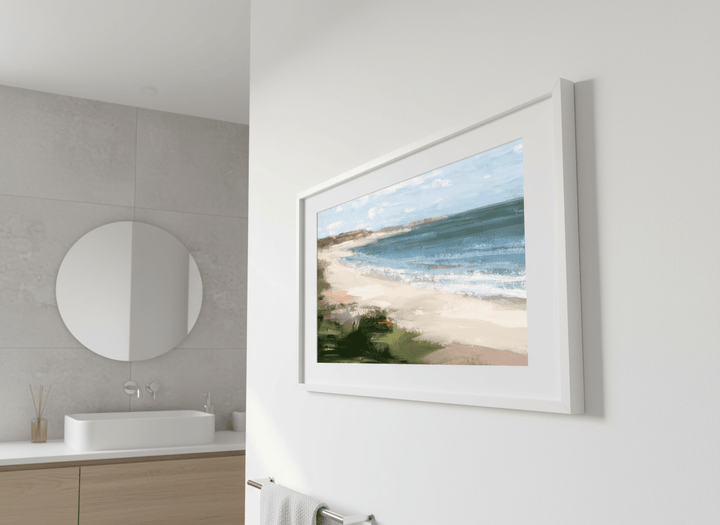 Modern print displayed in a clean minimalist bathroom setting