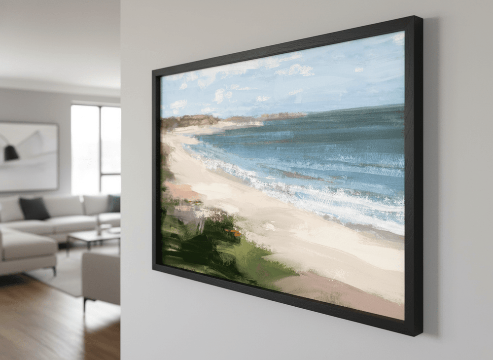 Modern wall art styled above a sofa in a neutral living room