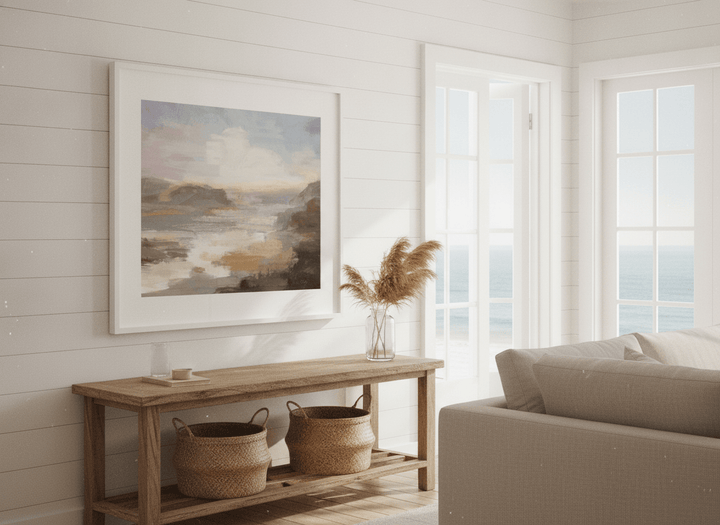 Neutral wall art displayed in a sunny coastal beach house
