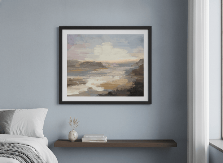 Minimalist artwork displayed in a calm, light-filled bedroom interior