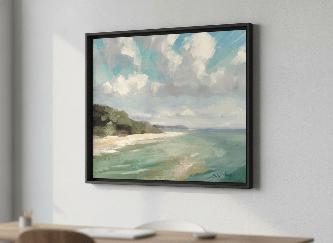 Contemporary wall art featured in a bright modern office workspace