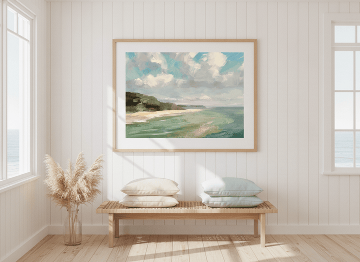 Neutral wall art displayed in a sunny coastal beach house