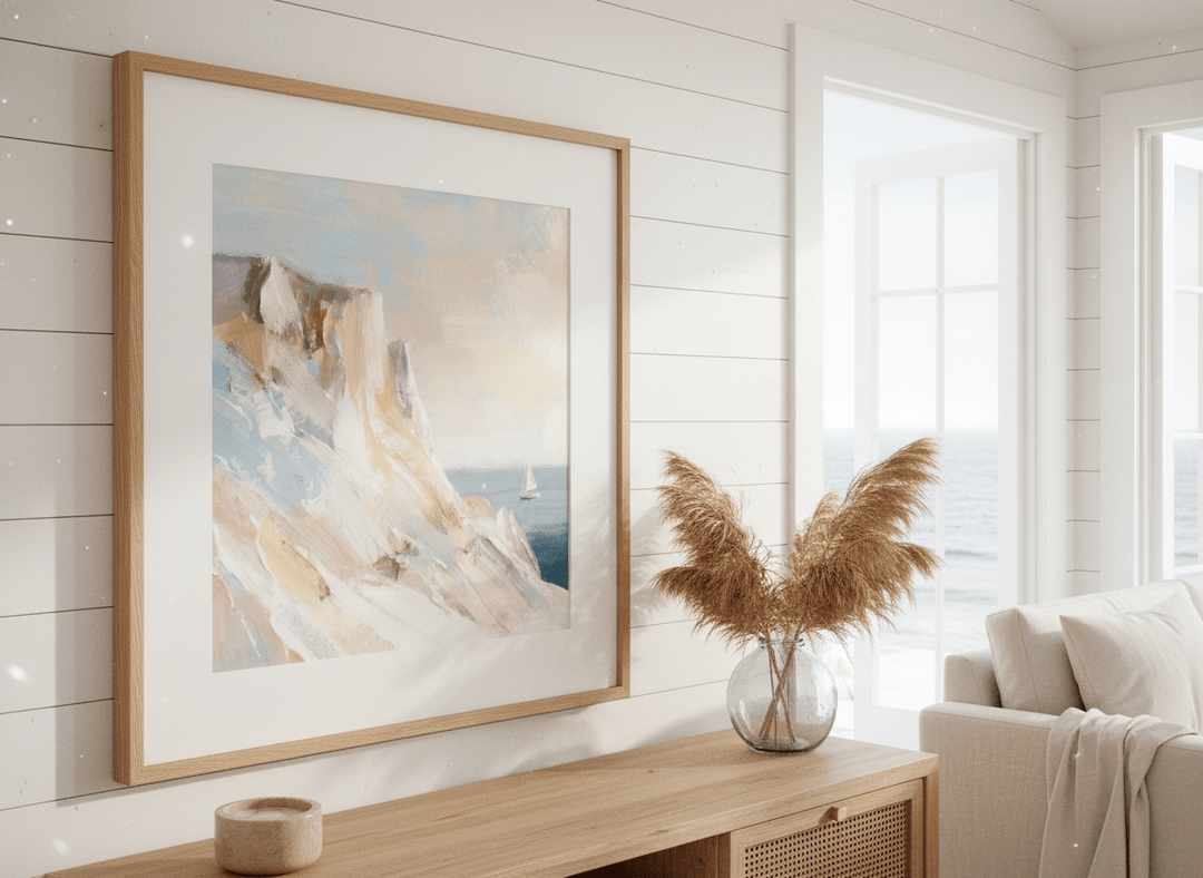 Neutral wall art displayed in a sunny coastal beach house