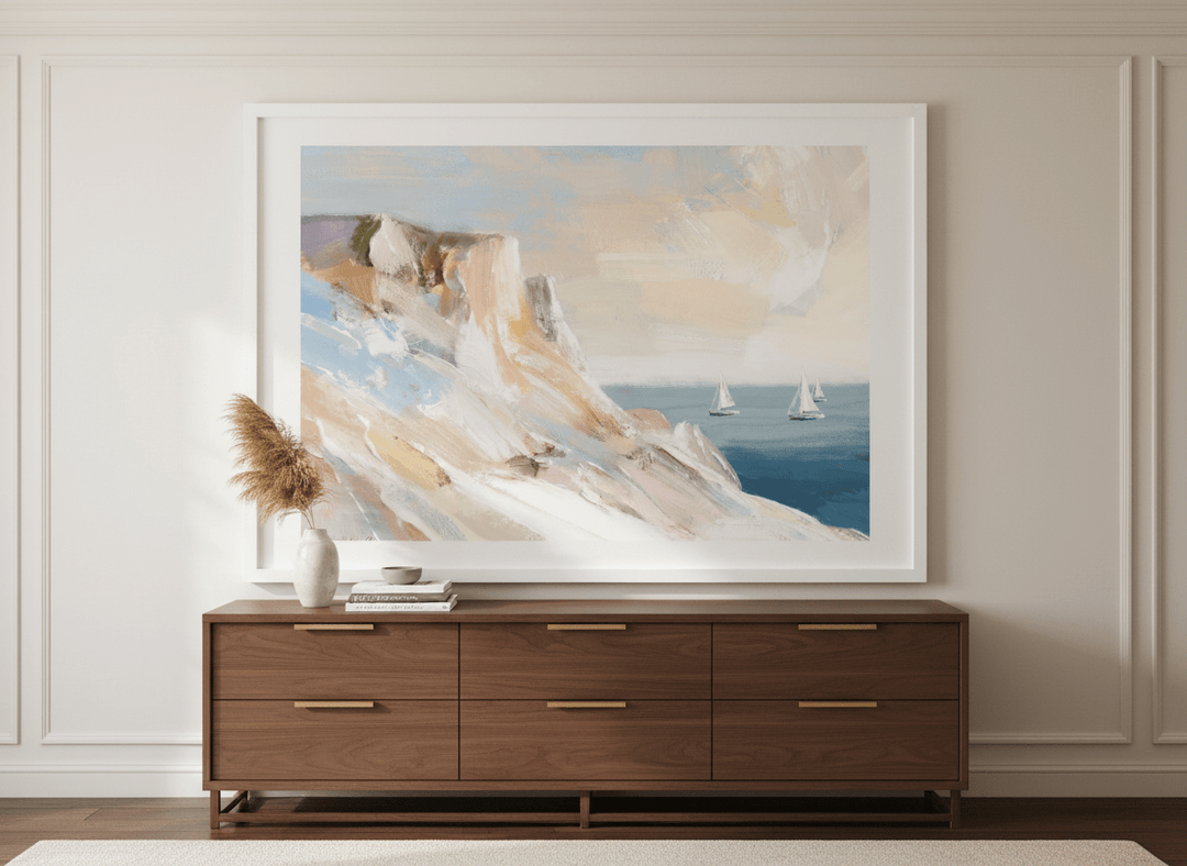 Monumental artwork centred on a feature wall in a luxe interior