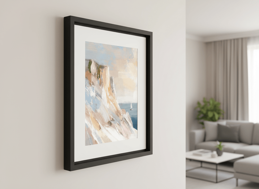 Modern wall art styled above a sofa in a neutral living room