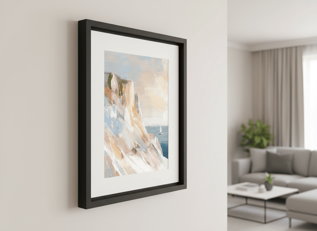 Modern wall art styled above a sofa in a neutral living room