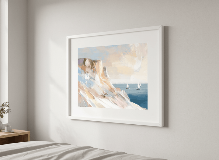 Minimalist artwork displayed in a calm, light-filled bedroom interior