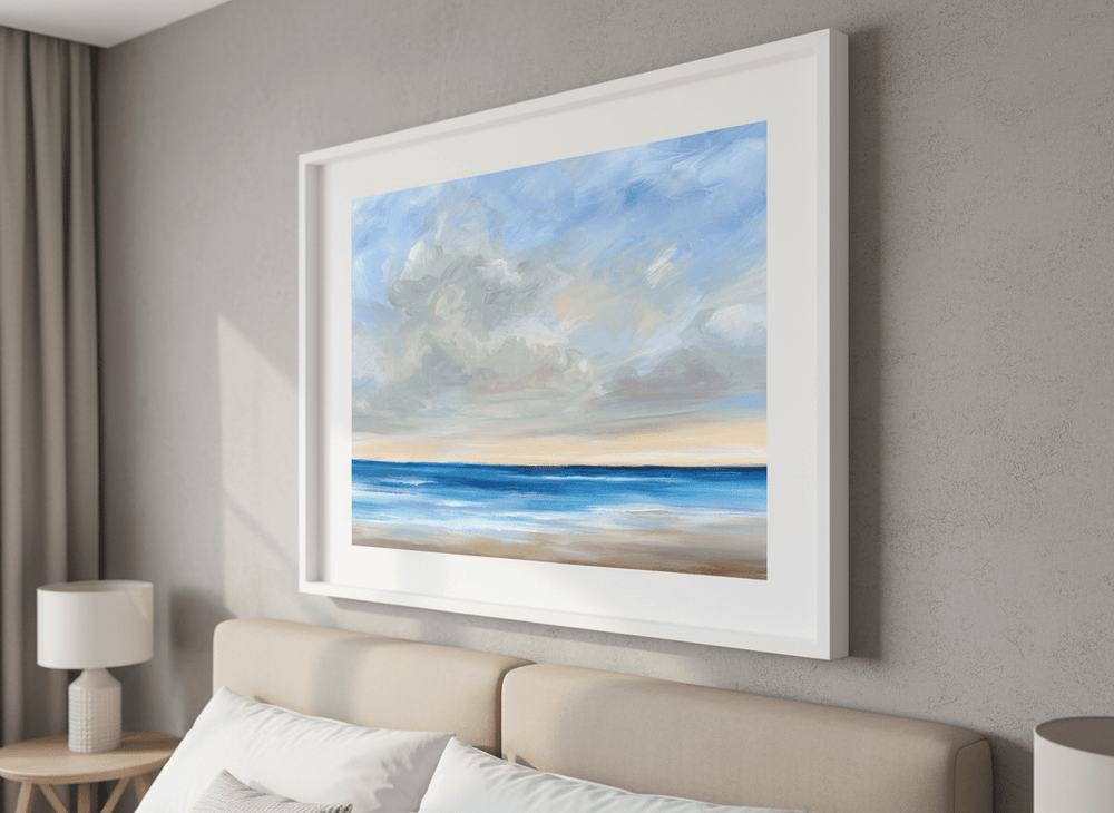 Minimalist artwork displayed in a calm, light-filled bedroom interior