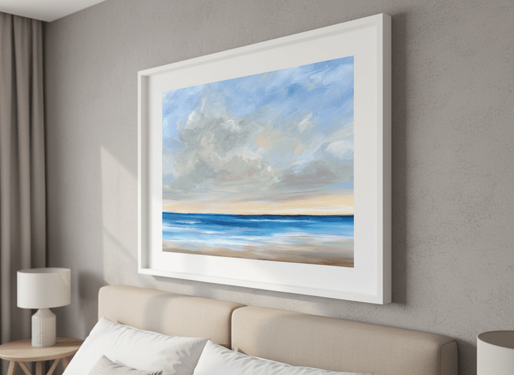 Minimalist artwork displayed in a calm, light-filled bedroom interior