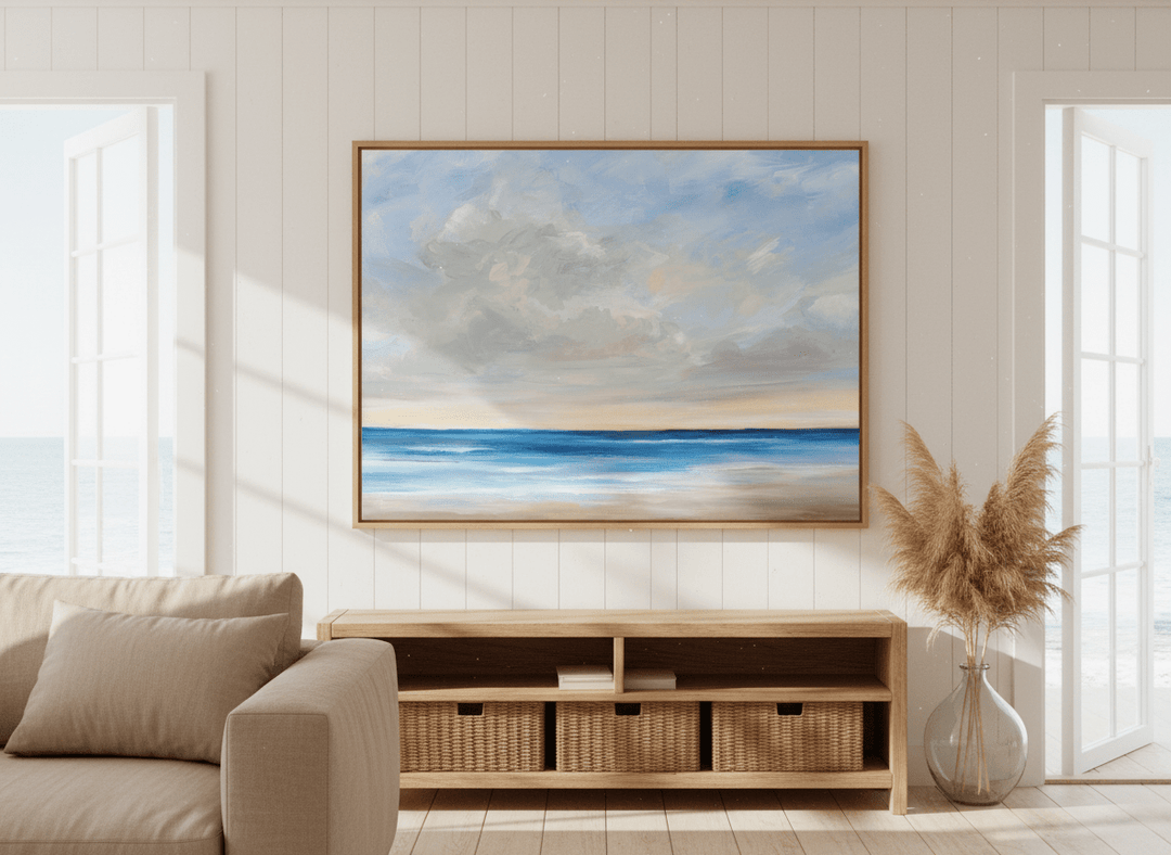 Neutral wall art displayed in a sunny coastal beach house