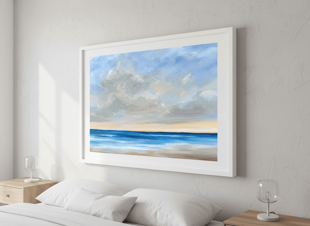 Minimalist artwork displayed in a calm, light-filled bedroom interior