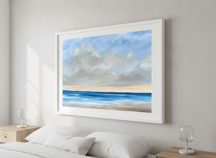 Minimalist artwork displayed in a calm, light-filled bedroom interior