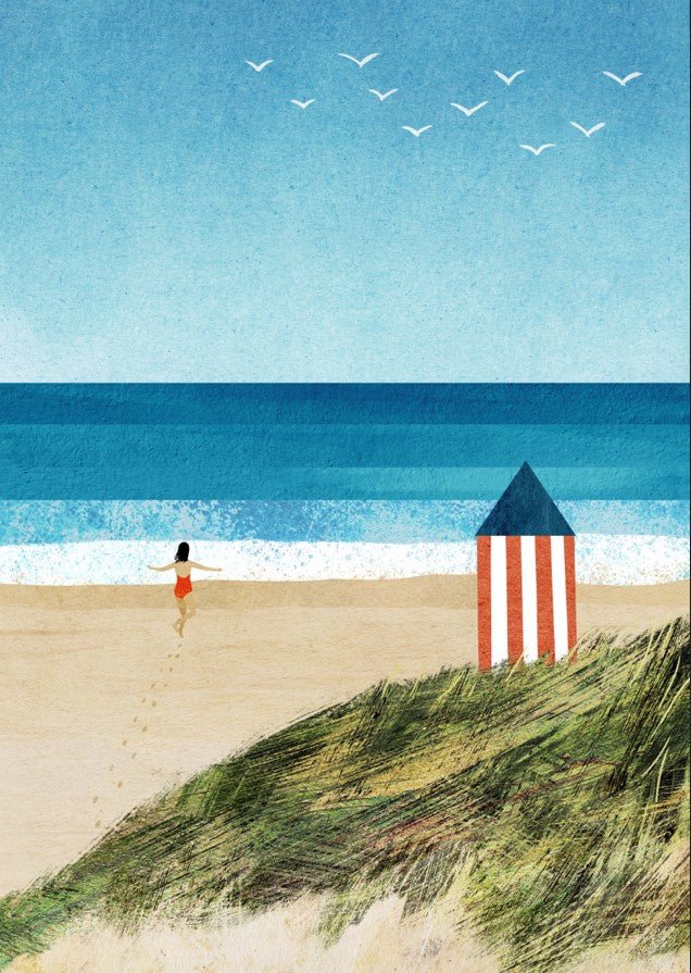 Beach scene with a lifeguard tower, person, and seagulls. framed