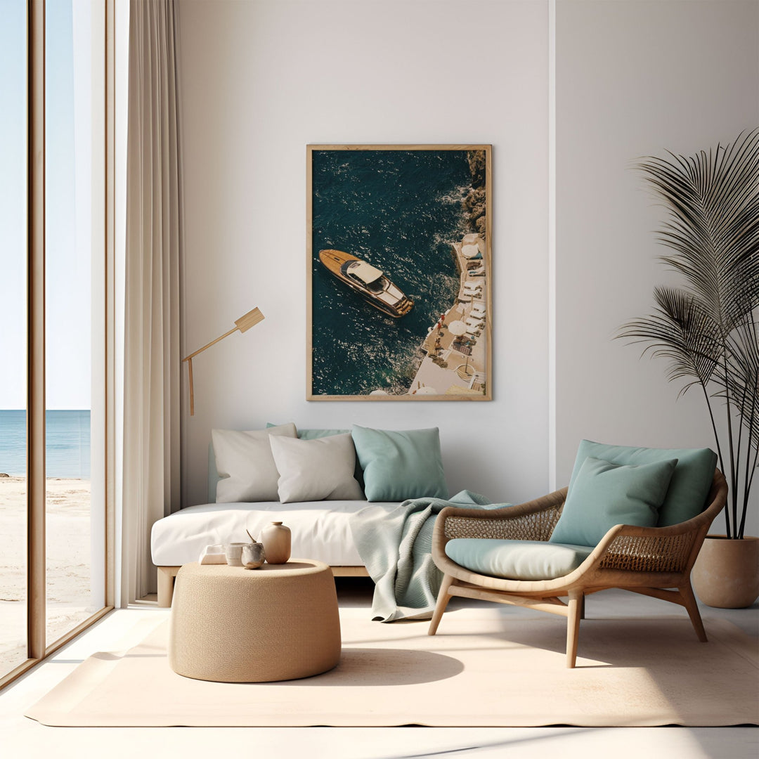 coastal living room with photo on white wall