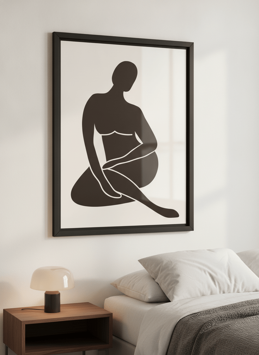 Minimalist artwork displayed in a calm, light-filled bedroom interior
