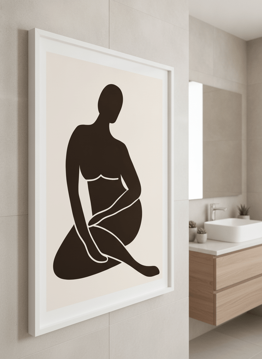 Modern print displayed in a clean minimalist bathroom setting