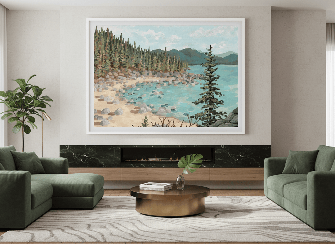 Monumental artwork centred on a feature wall in a luxe interior
