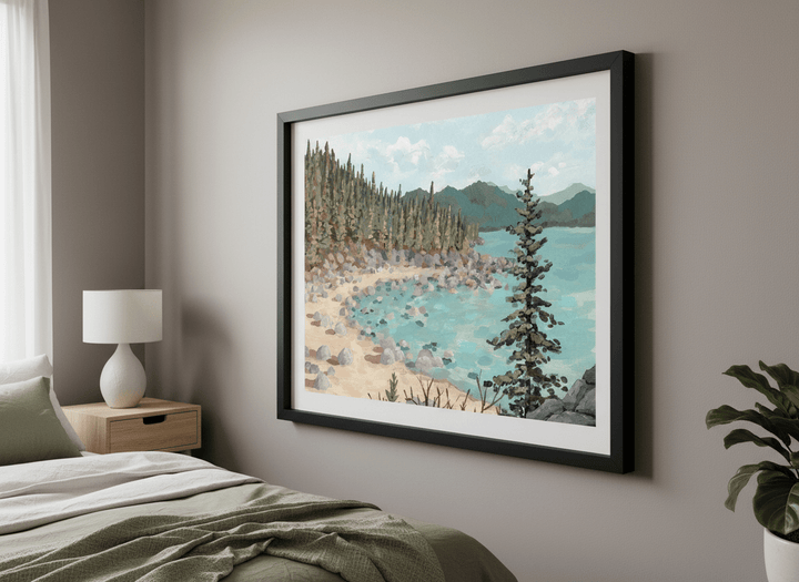 Minimalist artwork displayed in a calm, light-filled bedroom interior