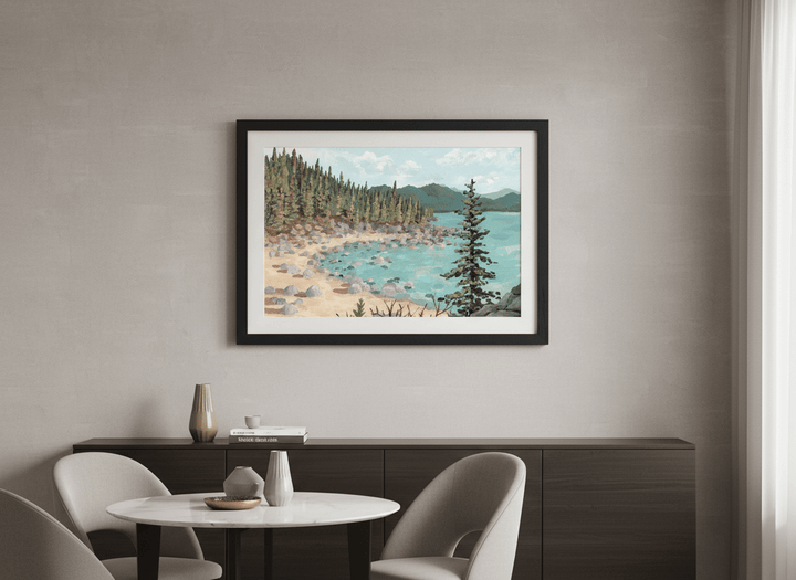 Wall art styled above a dining table in a contemporary home