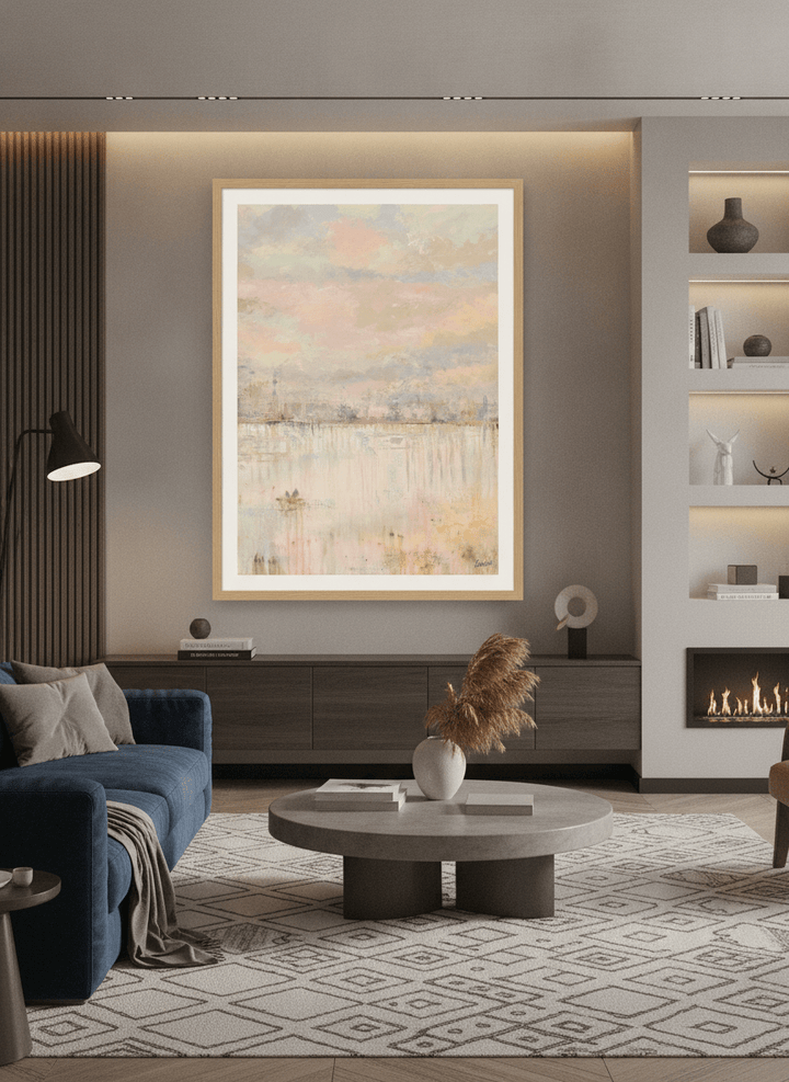Monumental artwork centred on a feature wall in a luxe interior