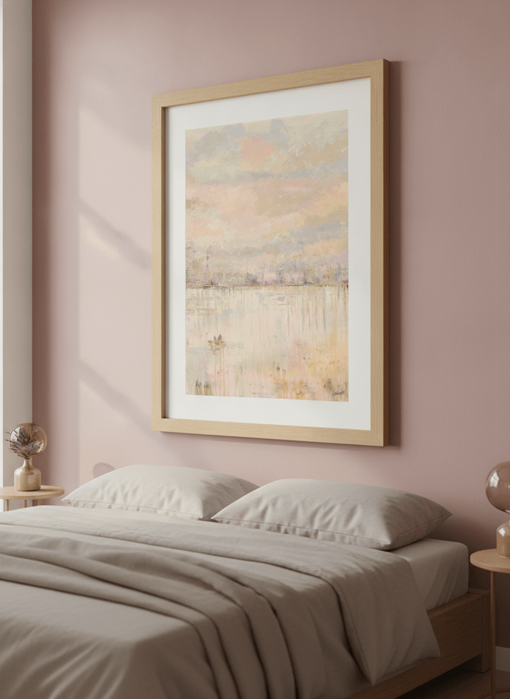 Minimalist artwork displayed in a calm, light-filled bedroom interior